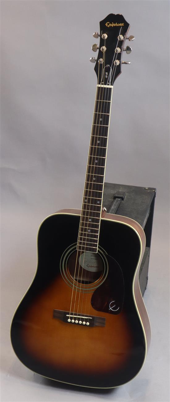 An Epiphone D R 220 vintage sunburst Dreadnought acoustic guitar, with padded bag